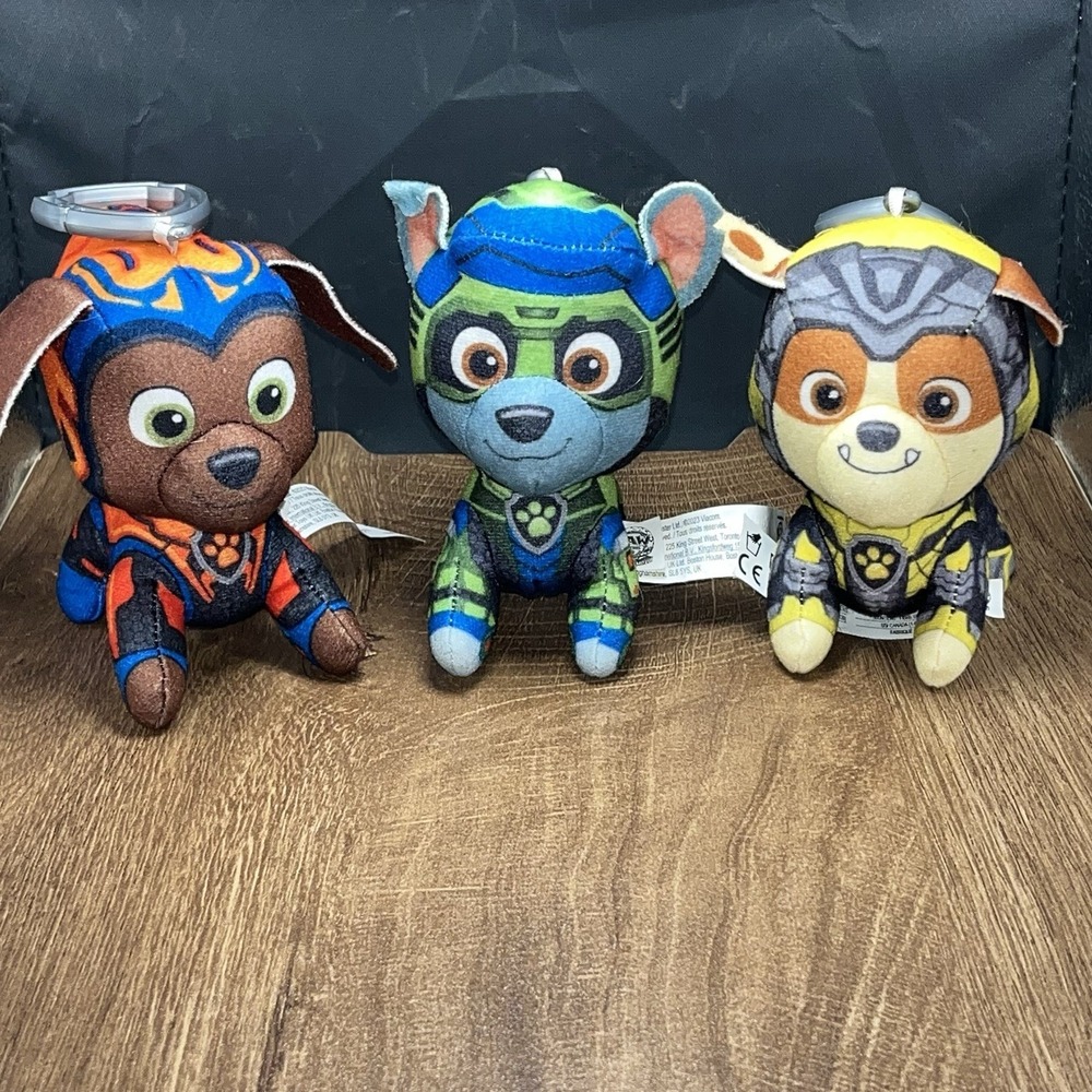 Paw Patrol Plush Mighty Movie 4" Mini Pals Figure Clip Set/3 Zuma‎ Rubble Rocky